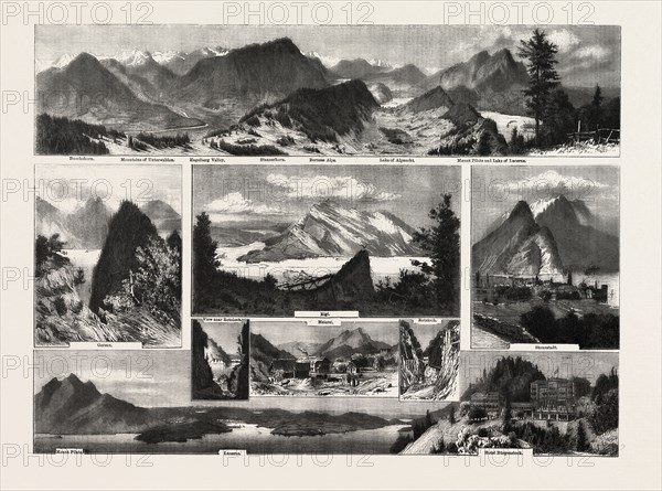 switzerland, buochshorn, unterwalden, engelberg, stanzerhorn, bernese alps, alpnacht, mount pilate, lake of lucerne, gersau, rigi, meierei, rotzloch, stanzstadt, hotel burgenstock, ENGRAVING 1882