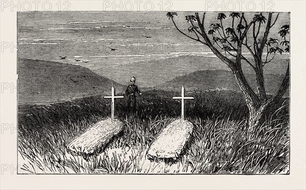 GRAVES OF LIEUT. SCOTT DOUGLAS AND CORPORAL COTTER AT KWAMAGAZA, ZULU WAR, ENGRAVING 1879
