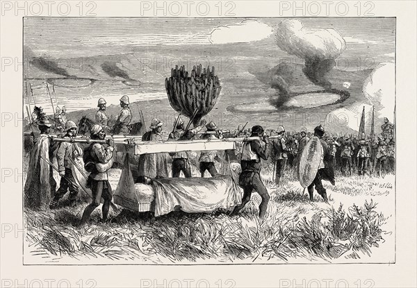 AFTER ULUNDI BEARING AWAY THE WOUNDED, ZULU WAR, ENGRAVING 1879
