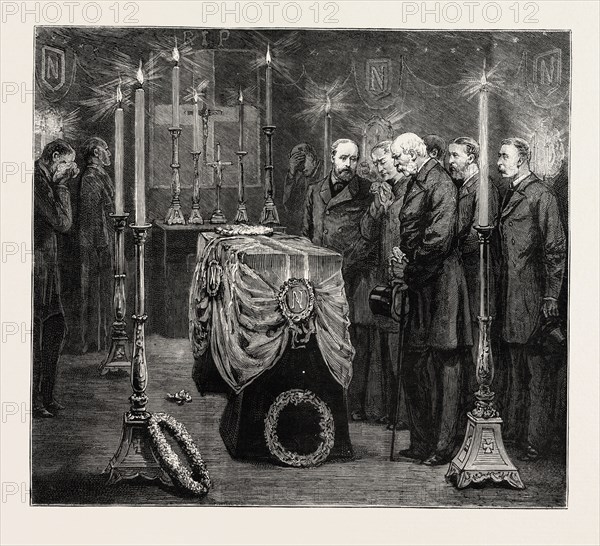 THE ROYAL PARTY IN THE MORTUARY CHAPEL AT WOOLWICH, FUNERAL OF THE LATE PRINCE LOUIS NAPOLEON, ENGRAVING 1879