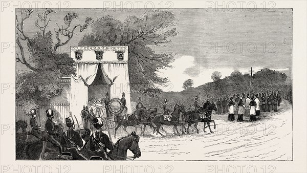 THE PROCESSION LEAVING CAMDEN HOUSE FOR ST. MARY'S CHURCH, THE FUNERAL OF PRINCE LOUIS NAPOLEON, ENGRAVING 1879