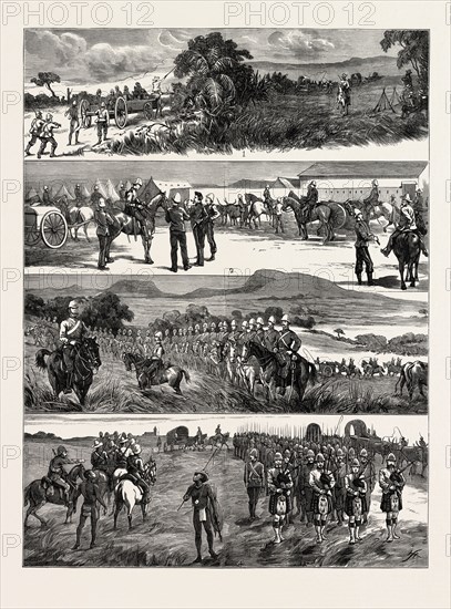 I. Convoy of Sick and Wounded on its way to Fort Pearson from the Front.  King's Dragoon Guards Loading Ammunition, Fort Dundee.-3. Dragoons Breaking-up Camp near the Biggarsberg.-4. On the March to the Front : The Pipers of the 91st Highlanders. THE ZULU WAR, ENGRAVING 1879