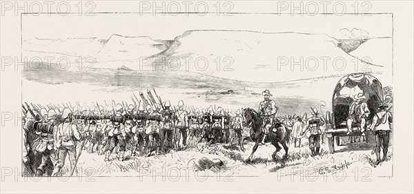 ARRIVAL OF GENERAL WOOD'S COLUMN AT UPOKO RIVER, THE ZULU WAR, ENGRAVING 1879