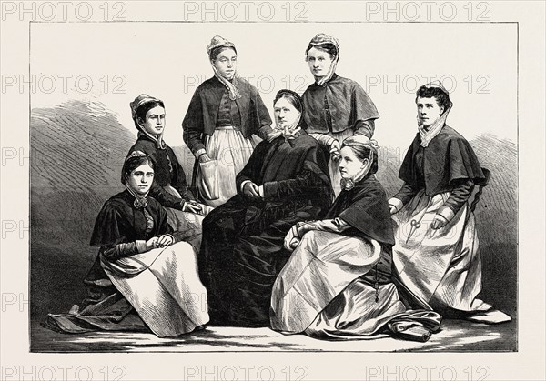 MRS. DEEBLES, OF THE ARMY NURSING SERVICE, AND HER ASSISTANTS, RECENTLY DESPATCHED TO NATAL, THE ZULU WAR, ENGRAVING 1879