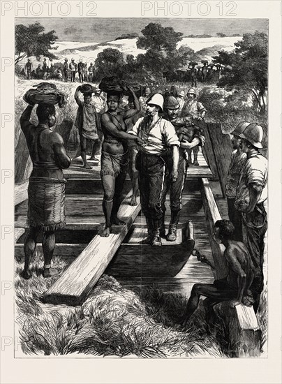 SIGNS OF PEACE ZULU WOMEN CROSSING A TEMPORARY BRIDGE BUILT BY THE ROYAL ENGINEERS, THE ZULU WAR, ENGRAVING 1879