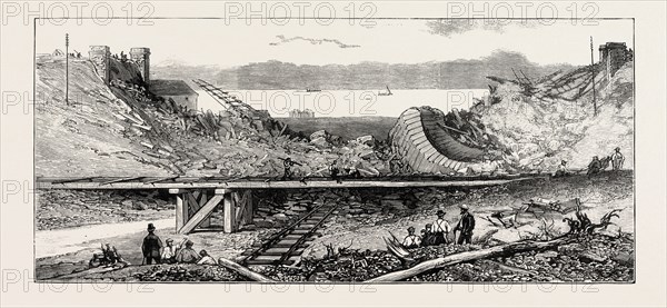 THE FLOODS - RUINS OF THE LLANDULAS VIADUCT ON THE LONDON AND NORTH-WESTERN RAILWAY, ENGRAVING 1879, UK, britain, british, europe, united kingdom, great britain, european