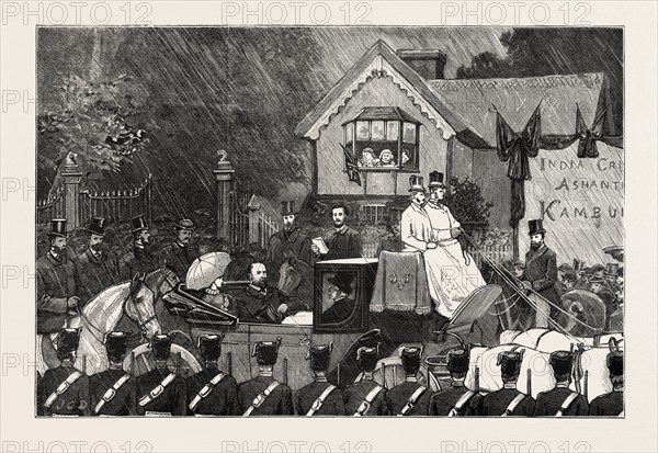 GENERAL SIR F WOOD'S WELCOME HOME AT BELHUS, ESSEX, READING THE ADDRESS AT THE PARK GATES, ENGRAVING 1879, UK, britain, british, europe, united kingdom, great britain, european