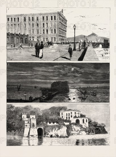 THE EX KHEDIVE OF EGYPT AT NAPLES, ITALY, ENGRAVING 1879, 1, Royal Hotel des Etrangers, Temporary Residence of Ismail Pasha and his Sons. 2. The Bay of Naples, from Ismail Pasha's Apartments.-3. The Villa Maraval Roccabella, Residence of the Ladies of the Ex-Khedive's Family