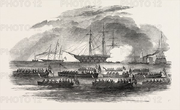 GRAND NAVAL FUNERAL PROCESSION OF CAPTAIN SIR HENRY M. BLACKWOOD, IN PORTSMOUTH HARBOUR, UK, 1851 engraving