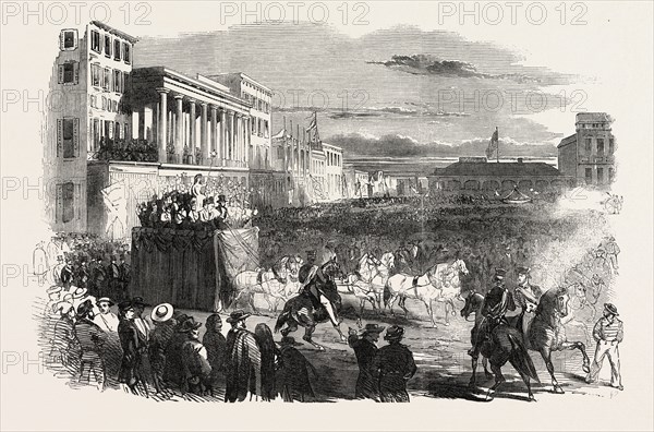 PROCESSION AT SAN FRANCISCO, IN CELEBRATION OF THE ADMISSION OF CALIFORNIA INTO THE AMERICAN UNION, UNITED STATES OF AMERICA, US, USA, 1851 engraving