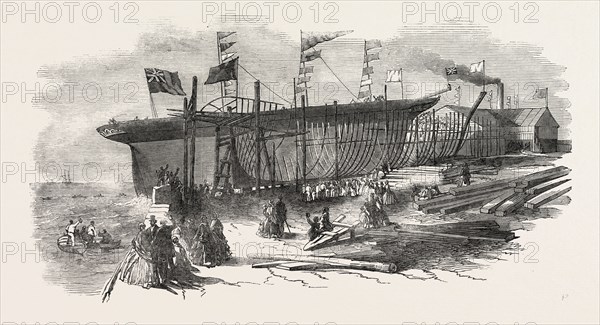 LAUNCH OF THE MARION MACINTYRE, AND PART OF THE SHIP IRON FRAME, AT MESSRS JORDAN AND GETLEY'S BUILDING YARD LIVERPOOL, UK, 1851 engraving