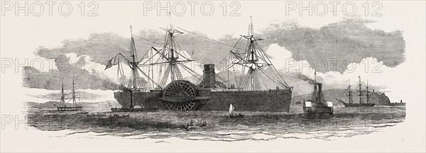 THE UNITED STATES MAIL STEAMSHIP THE ATLANTIC BEING TOWED TO HER MOORINGS OPPOSITE HAULBOWLINE, QUEENSTOWN, NEW ZEALAND, 1851 engraving