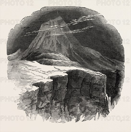 CLIMBING THE MONT BLANC: THE SUMMIT OF MONT BLANC, SEEN PROM THE ROCHER ROUGE, ALPS, FRENCH ALPS, FRANCE, 1851 engraving