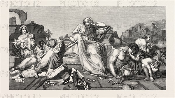 JEREMIAH AMONG THE RUINS OF JERUSALEM, PAINTED BY E. BENDEMAN, EDUARD JULIUS FRIEDRICH BENDEMANN, 1811-1889, 1851 engraving