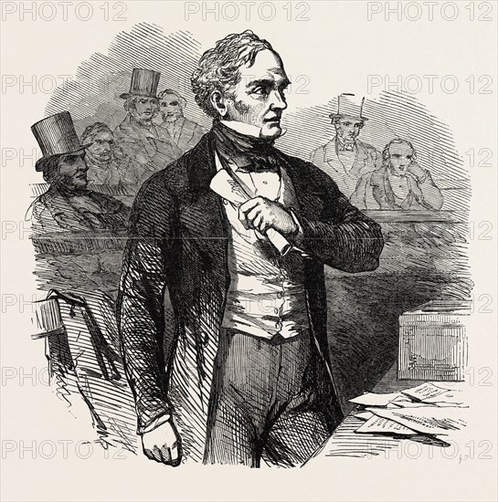LORD J. RUSSELL PROPOSING HIS MEASURE ON THE PAPAL AGGRESSION: The only retrograde step I propose to take is that natural action of a man who finds that a blow is aimed at his head, and steps backward to raise his arm, and put himself in a posture of defence., UK, 1851 engraving