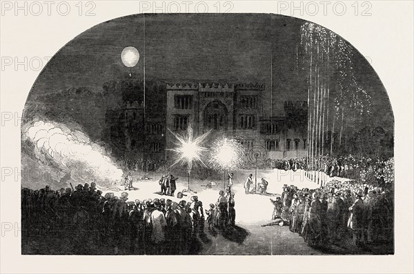 FIREWORKS AT BIRR CASTLE, PARSONSTOWN, THE SEAT OF THE EARL OF ROSSE, IRELAND, COUNTY OFFALY, 1851 engraving