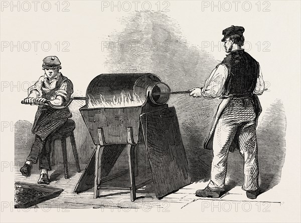 THE MANUFACTURE OF STEEL PENS IN BIRMINGHAM, UK: BRONZING STEEL PENS, 1851 engraving