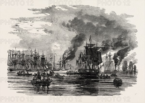 COLLIERS LEAVING THE HARBOUR, NORTH SHIELDS, AFTER THE BREAKING UP OF THE STRIKE, UK, 1851 engraving