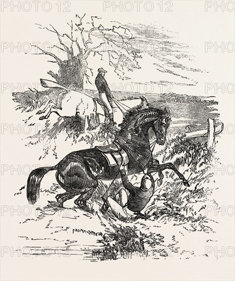 FALLING OFF A HORSE DURING A STEEPLE CHASE, HORSE, SPORT, GALLOP, STEEPLE-CHASING, RACETRACK, HIPPODROME, RACING, 1851 engraving