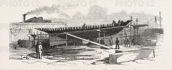 YACHT BUILDING AT NEW YORK TO COMPETE THE ENGLISH YACHTS AT COWES, UNITED STATES OF AMERICA, 1851 engraving