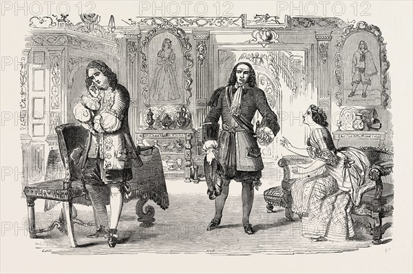 SCENE FROM THE NEW COMEDY OF LOVE IN A NAZE, AT THE PRINCESS' THEATRE, LONDON, UK; LORD MINIVER, MR. WIGAN, COLONEL RUPERT, MR. C. KEAN, LUCY, MRS. KEAN, 1851 engraving