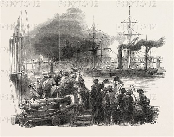 DEPARTURE OF THE STEAMSHIP SINGAPORE WITH TROOPS FOR THE CAPE, 1851 engraving