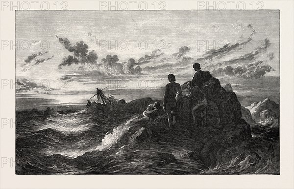 POOR MARINERS PAINTED BY THOMAS DANBY,1818-1886, ENGLISH LANDSCAPE PAINTER,  EXHIBITION OF THE BRITISH INSTITUTION, 1851 engraving