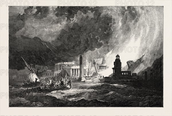 THE ELEMENTS BY C. STANFIELD, R.A., 1793-1867, ENGLISH MARINE PAINTER; A MAGNIFICENT CITY HAS ITS SUPERB TEMPLES CONSUMED BY FIRE AND OVERTOPPLED BY EARTHQUAKE; THE BLACK STORM RAGES IN FEARFUL CONTRAST WITH THE VIVID CONFLAGRATION, AND THE DESPAIRING PEOPLE ARE TOSSED UPON THE TEMPESTUOUS SEA, 1851 engraving