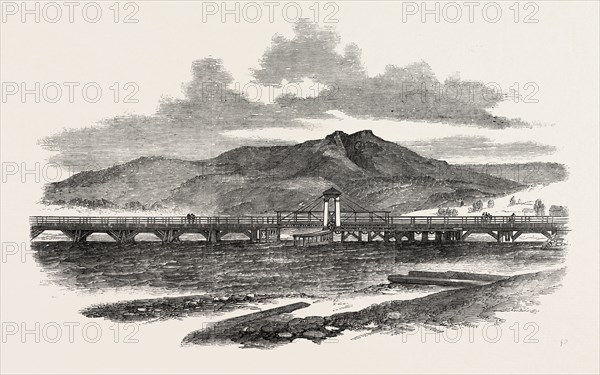 BRIDGEWATER BRIDGE: VIEW TOWARDS MOUNT DROMIDIDARY, HOBART TOWN, AUSTRALIA, 1851 engraving