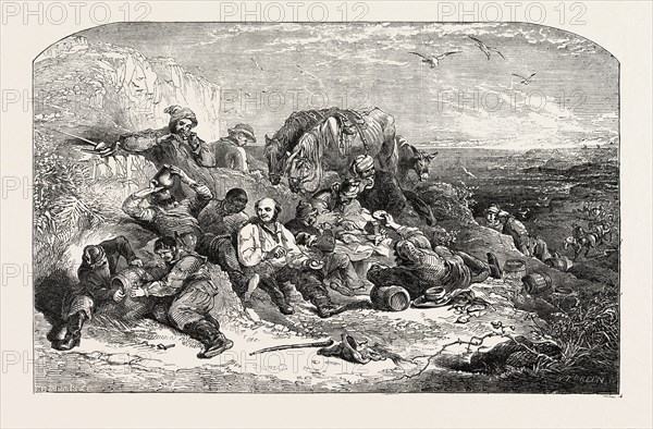 HALT-SMUGGLERS PAINTED BY HENRY PERLEE PARKER,1795-1873 EXHIBITION OF THE NATIONAL INSTITUTION, 1851 engraving