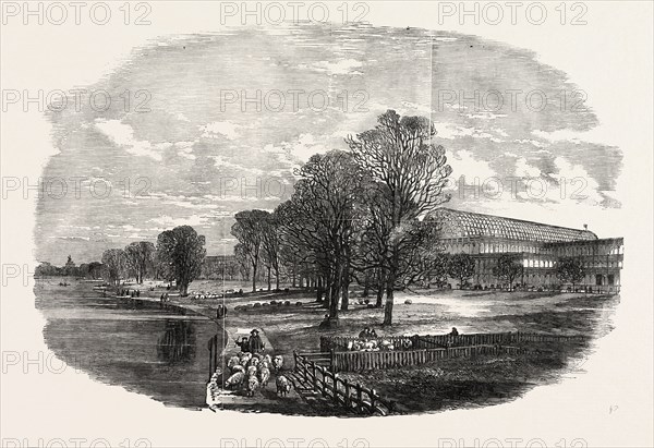 THE GREAT EXHIBITION BUILDING, THE CRYSTAL PALACE, IN HYDE PARK, LONDON, UK, SKETCHED FROM KENSINGTON GARDENS BRIDGE, 1851 engraving