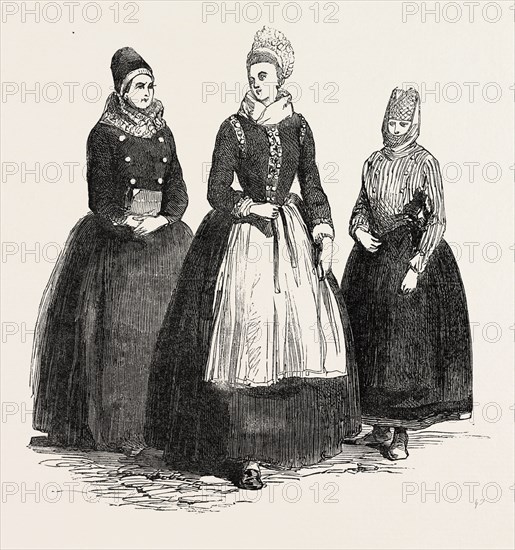 COSTUMES ON THE ISLAND OF FUNEN, DENMARK: CONFIRMATION DRESS, BRIDAL DRESS, FISHERMAN'S WIFE, 1851 engraving