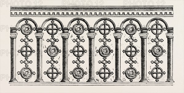 RAILING FOR A TOMB, COALBROOK DALE, BY COLE, SHROPSHIRE, ENGLAND, UK, 1851 engraving