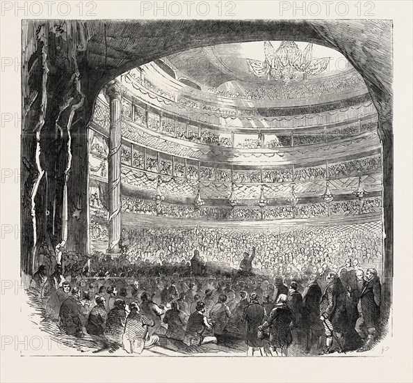 GREAT PROTECTIONIST DEMONSTRATION IN DRURY LANE THEATRE, LONDON, UK, 1851 engraving