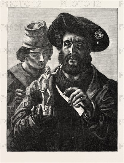 EXHIBITION OF THE ROYAL ACADEMY: BENVENUTO CELLINI, GIVING INSTRUCTIONS TO HIS ASSISTANT, BERNARDINO MANELLINI, OF MUGELLO PAINTED BY S.A. HART, R.A., 1851 engraving