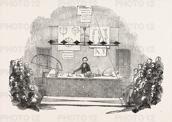 ROYAL INSTITUTION, LECTURE ON THE ROTATION OF THE EARTH, BY THE REV. BADEN POWELL, M.A., &C., LONDON, UK, 1851 engraving