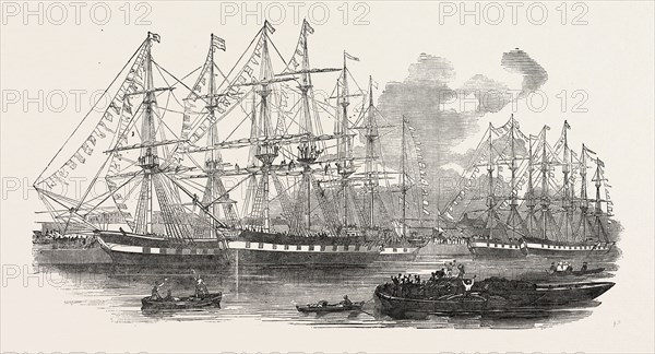 THE CANTERBURY ASSOCIATION SHIPS BANGALORE, DOMINION, DUKE OF PORTLAND, LADY NUGENT, MIDLOTHIAN, AND CANTERBURY, IN THE EAST INDIA DOCKS, 1851 engraving