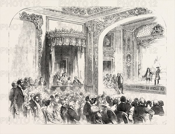 AMATEUR PERFORMANCE OF SIR EDWARD BULWER LYTTON'S NEW COMEDY, BEFORE HER MAJESTY AND PRINCE ALBERT, AT DEVONSHIRE HOUSE, LONDON, UK, 1851 engraving