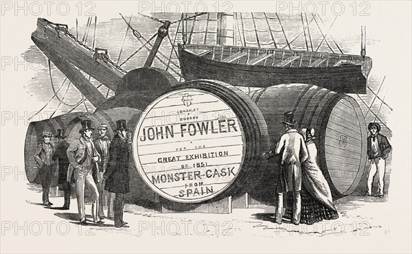 MONSTER CASKS OF SHERRY IN THE LONDON DOCKS, UK, 1851 engraving