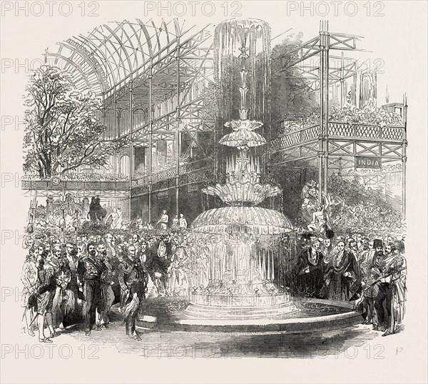 THE TRANSEPT OF THE CRYSTAL PALACE ON THE 1ST OF MAY, THE GREAT EXHIBITION, LONDON, UK, 1851 engraving