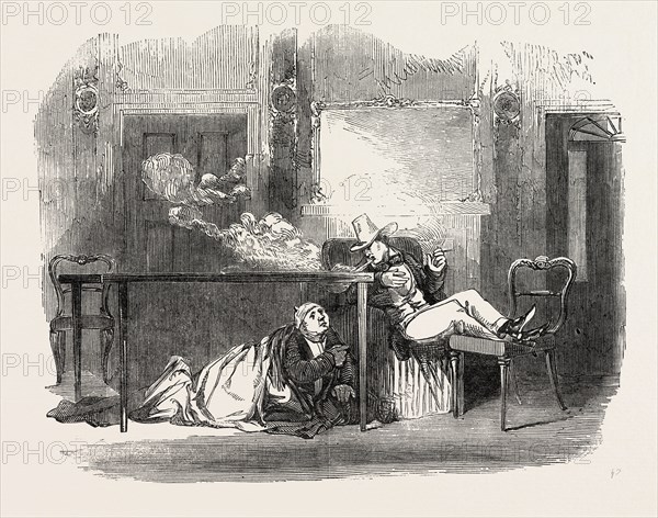 SCENE FROM APARTMENTS: VISITORS TO THE EXHIBITION MAY BE ACCOMMODATED AT THE PRINCESS' THEATRE, LONDON, UK, 1851 engraving