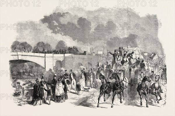 ASCOT RACES, 1851, SKETCH ON THE ROAD, STAINES BRIDGE, UK, HORSE RACING, EQUESTRIAN, 1851 engraving