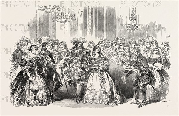 HER MAJESTY QUEEN VICTORIA'S COSTUME BALL AT BUCKINGHAM PALACE, LONDON, UK: THE COUNTESS OF GRANVILLE, HIS ROYAL HIGHNESS PRINCE ALBERT, QUEEN VICTORIA, THE DUKE OF WELLINGTON, THE DUCHESS OF ROXBURGHE, 1851 engraving