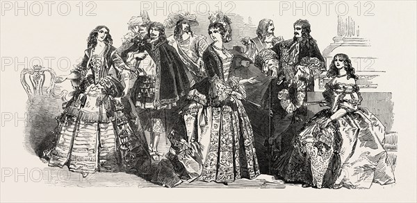 HER MAJESTY QUEEN VICTORIA'S COSTUME BALL AT BUCKINGHAM PALACE, LONDON, UK: COSTUMES WORN BY THE MARCHIONESS OF BREADALBANE, LORD FEVERSHAM, LADY ASHBURTON, THE PRINCE OF LEININGEN, MADAME VAN DER WEYER, 1851 engraving