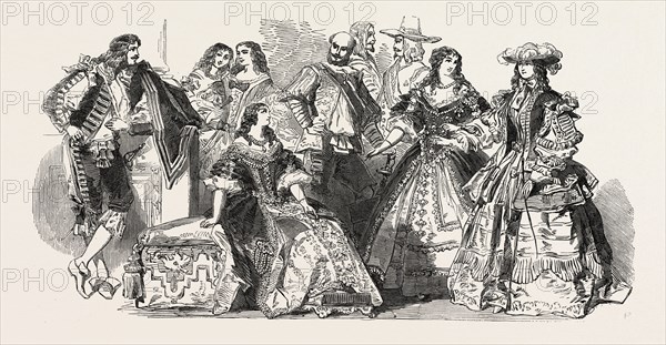 HER MAJESTY QUEEN VICTORIA'S COSTUME BALL AT BUCKINGHAM PALACE, LONDON, UK: COSTUMES WORN BY MR. PEMBERTON LEIGH, LADY AUGUSTA HARE, OFFICERS OF THE 4TH DRAGOONS, LADY MIDDLETON, THE MARCHIONESS OF STAFFORD, 1851 engraving