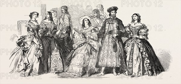 HER MAJESTY QUEEN VICTORIA'S COSTUME BALL AT BUCKINGHAM PALACE, LONDON, UK: COSTUMES WORN BY THE COUNTESS OF STRATHMORE, LADY ADELIZA FITZALAN HOWARD, MRS. DANIELL, BARON BRUNNOW, BARONESS BRUNNOW, 1851 engraving