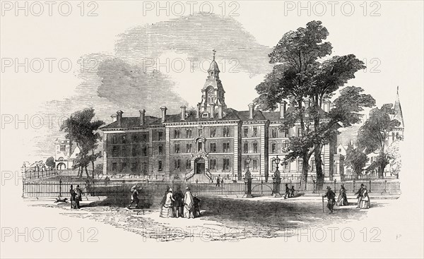 CITY OF LONDON HOSPITAL FOR DISEASES OF THE CHEST, VICTORIA PARK, FIRST STONE LAID, UK, 1851 engraving