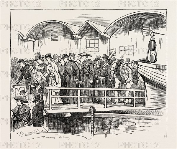 ON THE WAY TO PARAY-LE-MONIAL, FRANCE: EMBARKATION AT NEWHAVEN, 1873 engraving