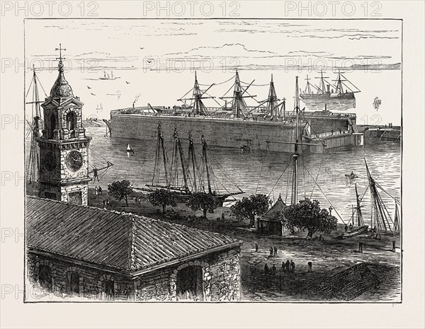 FLOATING DOCK, BERMUDA, 1873 engraving