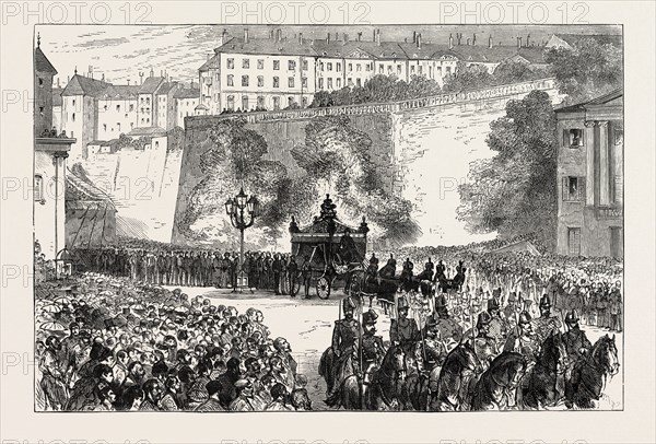 THE FUNERAL OF THE DUKE OF BRUNSWICK AT GENEVA: THE PROCESSION TO THE CEMETERY, SWITZERLAND, 1873 engraving